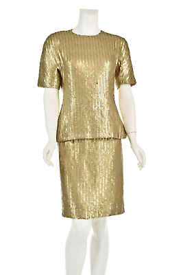 #ad ARNOLD SCAASI Vntg Matte Gold Paillettes 2 Pc Top amp; Skirt Cocktail Dress SZ6 8 M