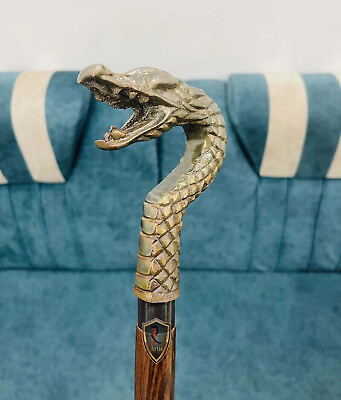 snake cobra king dragon brass head handle brown walking wooden cane stick style