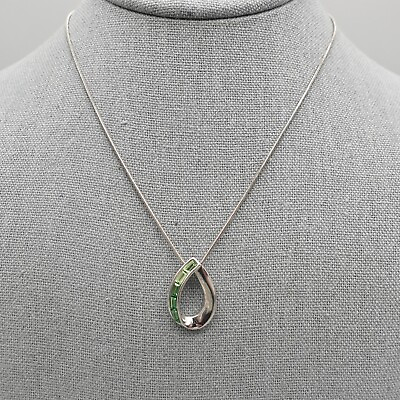 #ad Lia Sophia Necklace Green Crystal Teardrop Pendant Silver Tone Snake Chain 16quot;