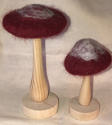 Lot of 2 Wool Felted Mushroom Tops on Wooden Stands For Craft Display Purposes