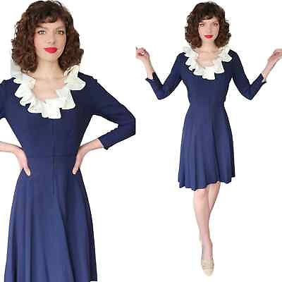 #ad #ad Vintage 60s Navy Blue Dress White Ruffled Collar Marshall Field Elis Porter