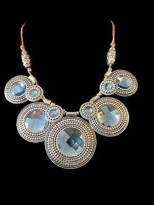 St Thomas Tan Corded Necklace w Lrge Silver Medallions amp; Blue Faceted Stones 23quot;