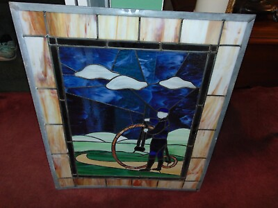 #ad Stunning High Wheel Bicycle Leaded Stained Glass Panel