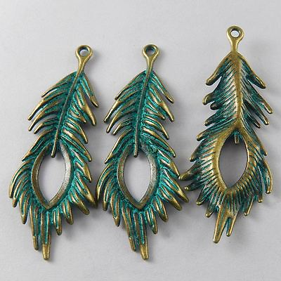 #ad 5 Vintage Patina Alloy Peacock Feather Pendant Charm Dangle Jewelry DIY 71*27mm