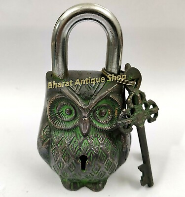 #ad Real Antique Brass Owl Vintage Padlock with Working Key Rare Old Style