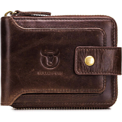 Mens Genuine Leather Zipper Wallet RFID Blocking Bifold Zip Around Card Holder