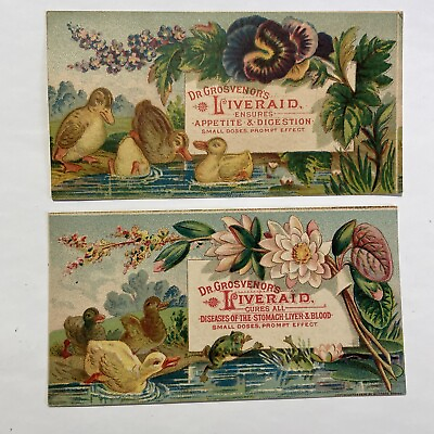 DR GROSVENORS LIVERAID FOR DIGESTION 2 TRADE CARDS DUCKS DUCKLINGS FROG A82