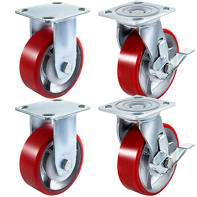 4 Pack Heavy Duty Caster Set 6quot; Polyurethane on Cast Iron Wheels No Mark Red