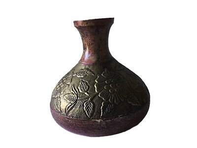 Vintage Brass Art Metal vessel Vase Embossed Flowers 6 1 2quot;