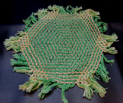 #ad Crocheted Green Yellow Pink Thread Antique 1930#x27;s Handmade Rag Edge 11quot; Doily