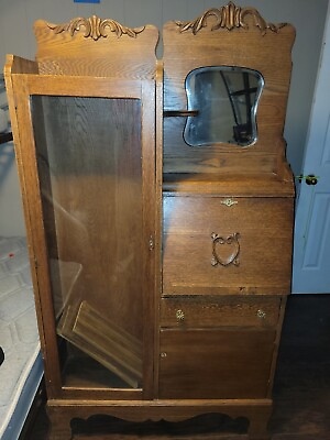 #ad Antique Secretary Drop Down desk mirror glass cabinet