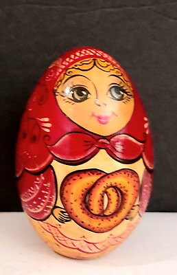 #ad Vtg Russian Hand Painted Wood Egg Matryoshka Girl Signed Wooden 3 3 4quot;