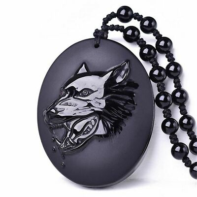 #ad Natural Black obsidian wolf head necklace amulet pendant bead with chain for wen