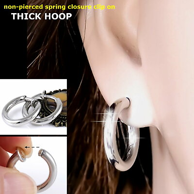 #ad #E121F Spring CLIP ON mini 0.75quot; THICK Hoop EARRINGS LookLikePierced Silver Tone