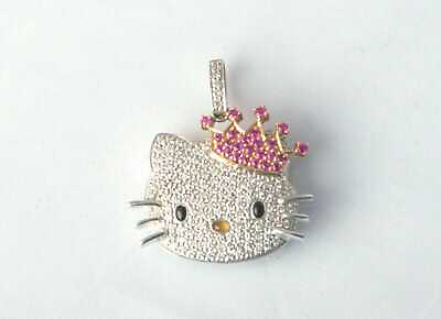 3Ct Round Cut Pink Sapphire Diamond Crown Hello Kitty Pendant 14k White Gold FN