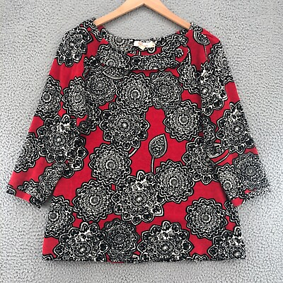 #ad Aryeh Sweater Womens Extra Large Red Floral 3 4 Sleeves Tunic Button Pullover