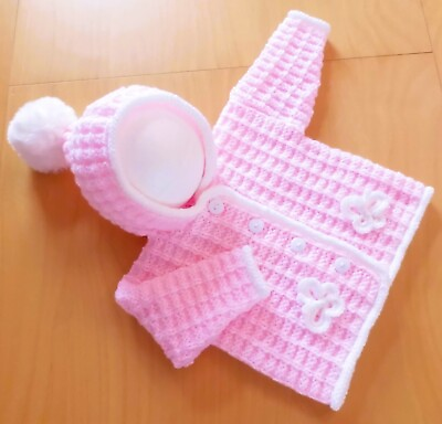 #ad #ad Hand Knit Baby Hooded Jacket with Crochet Butterflies amp; Pompom Pink 0 3mths