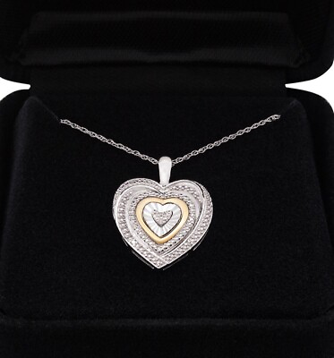 #ad NWT Diamond 2 Tone Heart Pendant Necklace Women Sterling Silver with Gold $400