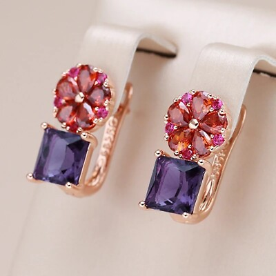 #ad Purple CZ Flower Earrings 585 Rose Gold Women lady girl gift Party New jewelry