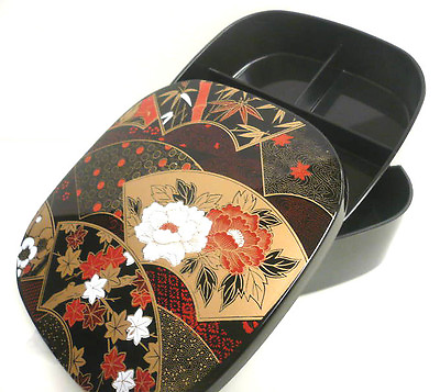 Japanese 6quot;W Lacquer Sensu Fan Lunch Bento Stack Box 2 Tier Black Made in Japan