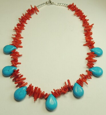 #ad Red Coral Necklace Turquoise Teardrop Howlite Handmade Jewelry