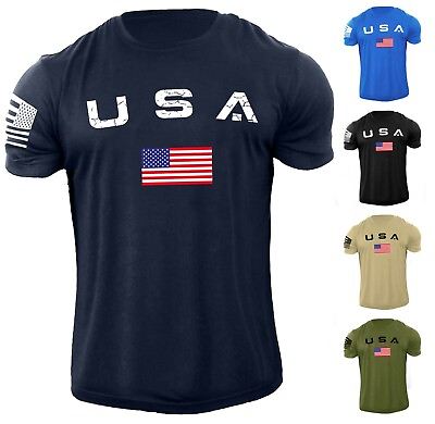#ad New Men#x27;s USA Flag T Shirt American Patriotic 100% Cotton