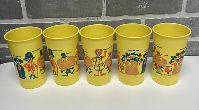 #ad Vintage 70s McDonalds Plastic Yellow Character Drink Cups Tumblers Lot of 5 NOS