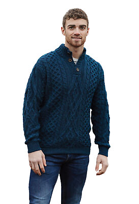 Irish Diamond Pattern Merino Wool Troyer Sweater Aran Knit Blue XXLarge