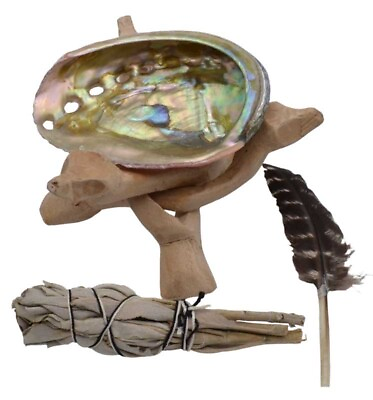 #ad Small Ritual White Sage Smudge Stick Kit Abalone Shell Stand amp; Feather Smudging