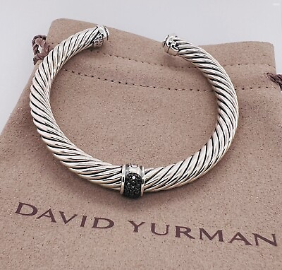David Yurman 925 Sterling Silver Pave Black Diamond Cable Men#x27;s Cuff Bracelet L