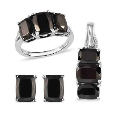 #ad 925 Silver Shungite Ring 10 Stud Earrings Pendant Necklace Jewelry Set Ct 5.9