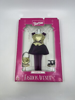#ad Barbie Fashion Avenue Party Gold Purple Dress Accessories 1997 Mattel