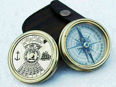 #ad Nautical BRASS ROBERT FROST CALENDAR 50 YEAR COMPASS WITH LEATHER BOX..
