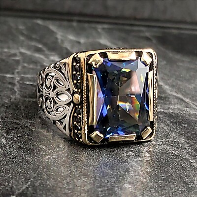 #ad Men Silver Square Tanzanite Gemstone Ring 925K Silver Rainbow Color Stone Ring
