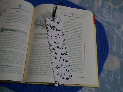 #ad Bookmark Fabric or Cloth White with Music Notes amp; Black Ribbon Handmade