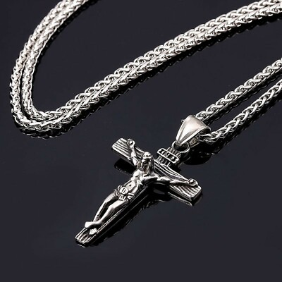 #ad Men Stainless Steel Pendant Necklace Jesus Christ Crucifix Cross Silver