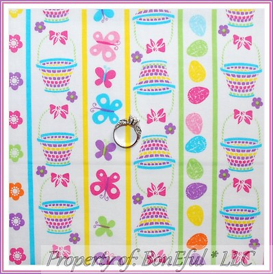 #ad BonEful Fabric FQ Quilt Rainbow Bright Easter Flower Egg Butterfly Stripe Basket