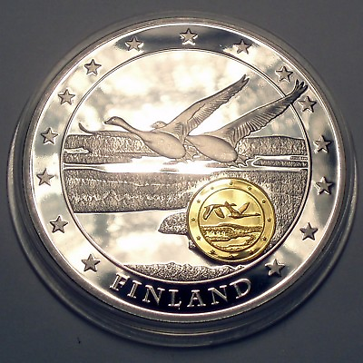 #ad FINLAND 10 Years Economic and Monetary Union BU Proof Medal 50mm 52g Silver an..
