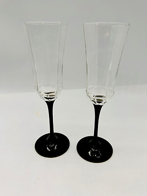 #ad 2 Luminarc France Black Stem Clear Octagon Wine Champagne Goblets Glasses 8.75in