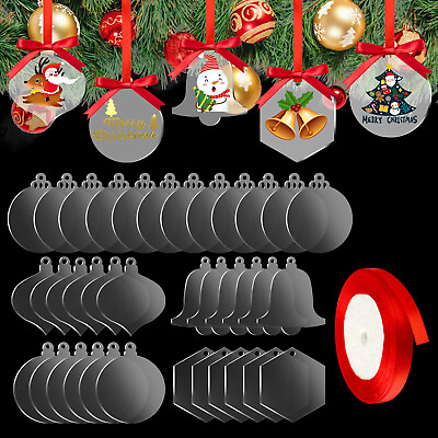 24x Clear Acrylic Christmas Ornament DIY Blank Party Hanging Decora w Red Ribbon