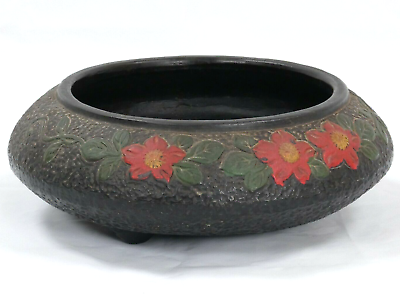 #ad Tokanabe Japanese Bowl Vintage Black Pottery Three Footed Raised Red Floral
