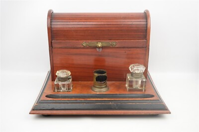 Antique Roll Top Writing Stationary Letter Box Wood Glass Inkwells and Brush
