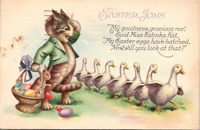 #ad Anthropomorphic Dressed Cat Egg Rabbit Basket Ducks Easter Fantasy Postcard 821