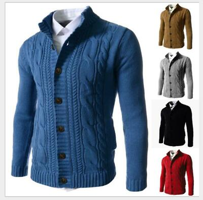 Autumn Casual Button Cable Men Sweaters Long Sleeve Solid Open Front Knit Tops