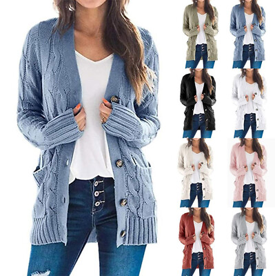 Women#x27;s Long Sleeve Loose Knit Open Front Button Down Cardigan Sweater Outerwear