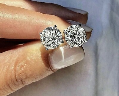 #ad 4 Ct Round Cut FL D Certificate Real Moissanite Stud Earrings 14K White Gold 8mm