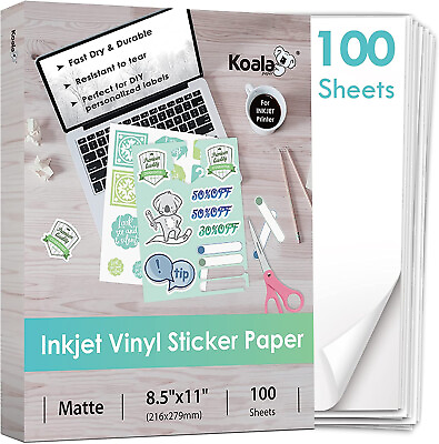 100 PK Koala Printable Vinyl Sticker Paper Waterproof Matte White Inkjet Cricut