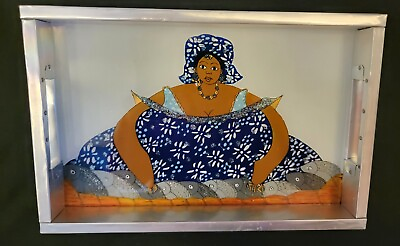 #ad Hand Painted Glass Aluminum Tray Woman Fish Sparkles Art Vtg Retro