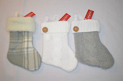 #ad U PICK MINI Christmas STOCKING Gray PLAID or Gray White CABLE KNIT New 7quot; Gift