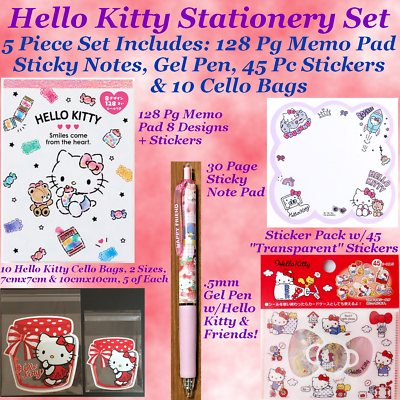 Sanrio Hello Kitty 5 Pc Set 128 Pg Pad Sticky Notes 45 Stickers Pen 10 Cello Bag